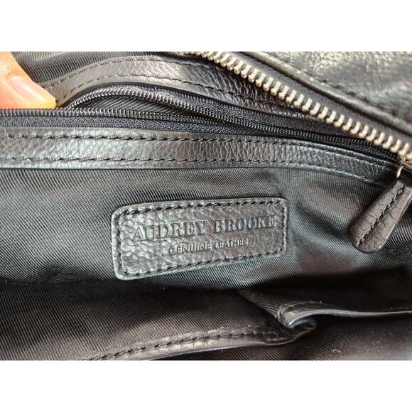 Audrey Brooke Black Pebbled Leather Tote Bag with Brown Accents and Zippered Top - Picture 9 of 12